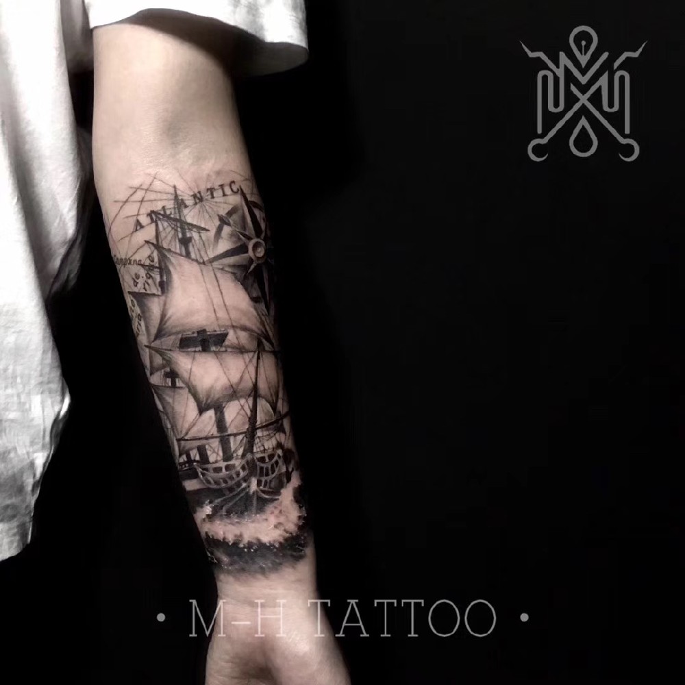 帆船写实纹身